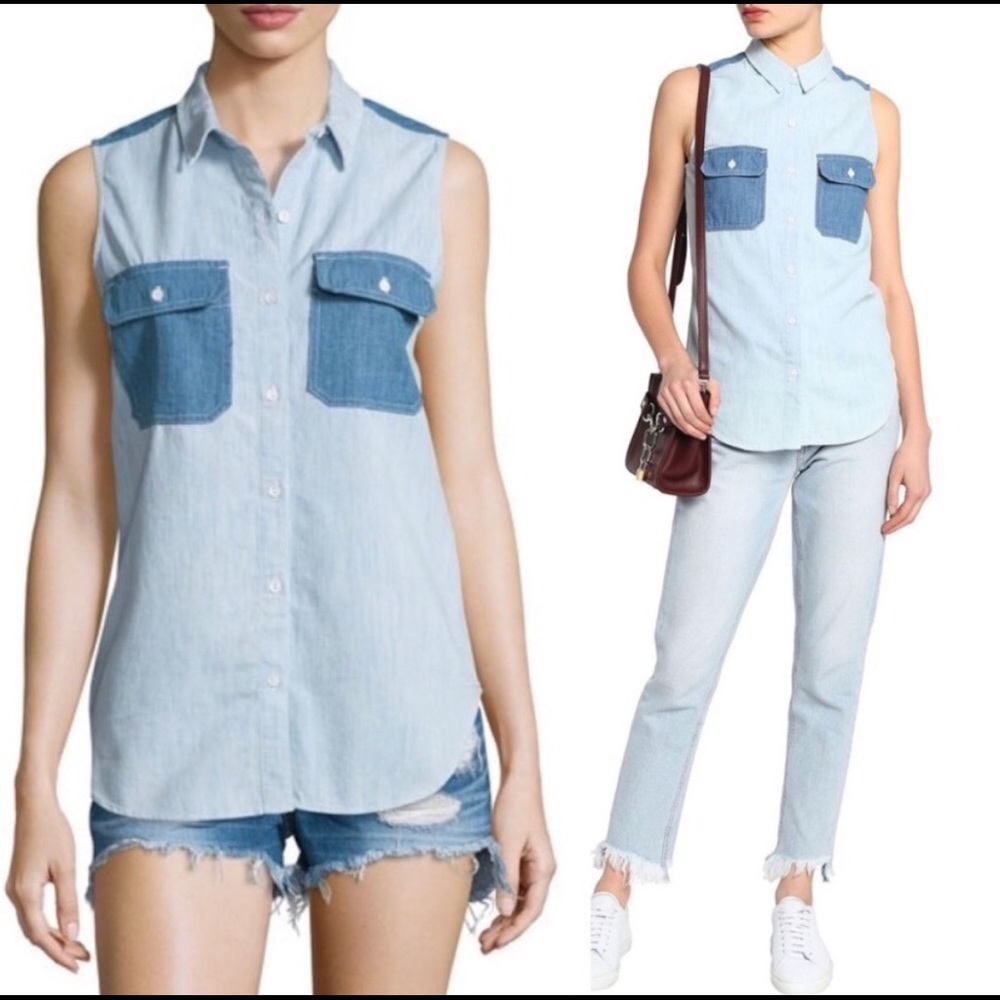 RAG & BONE INDIGO DENIM SLEEVELESS BUTTON DOWN UTILITY TWO TONE SHIRT SIZE XS